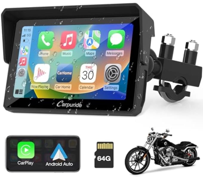 Motorfiets GPS 5 inch Draadloos Apple Carplay & Android Auto, IPS Waterdicht Touchscreen, Dubbele Bluetooth, Navigatie/Siri/Google Assistant