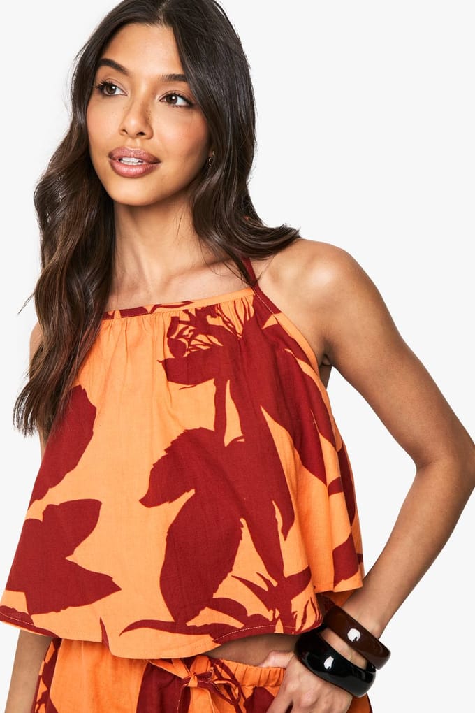 boohoo Dames Abstract Bloemmotief Halternek Crop | Orange | Maat: 6