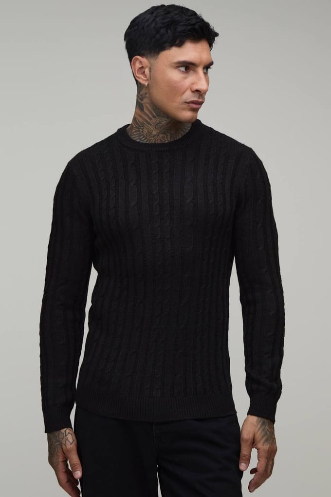 Lange Getailleerde Kabelgebreide Trui | Black | Size Medium
