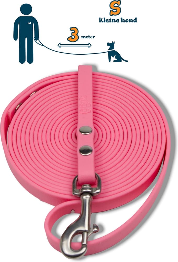 Miqdi hondenriem - BioThane ® - pastel roze - 3 meter lang - 9 mm breed - XS/S - kleine hond