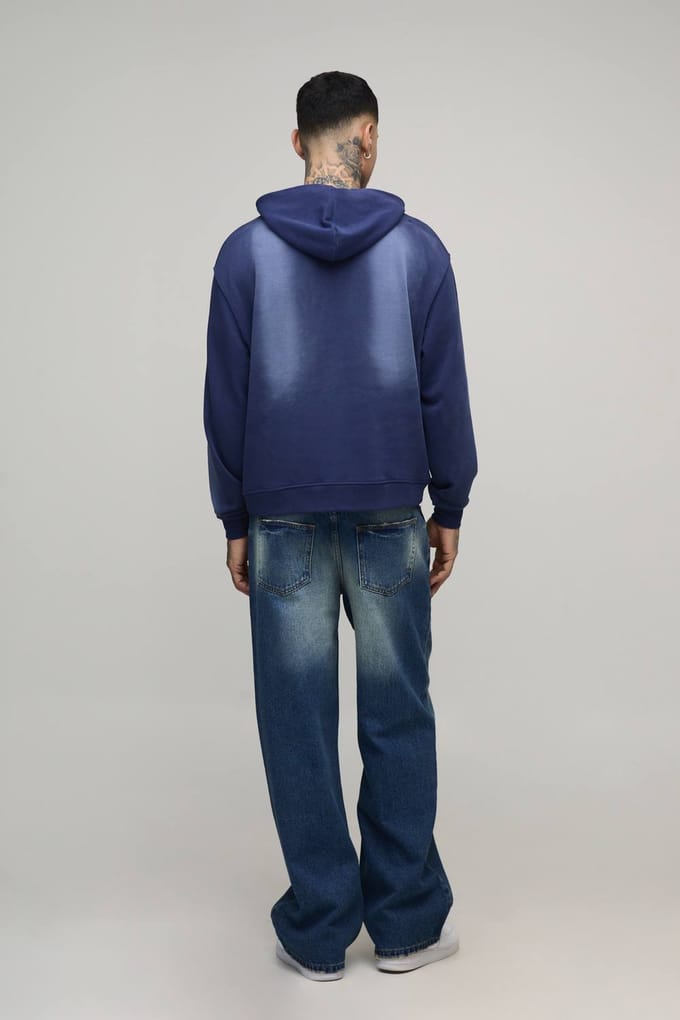 Tall Oversized Boxy Homme Western Spray Wash Distressed Hoodie | Navy | Size Medium