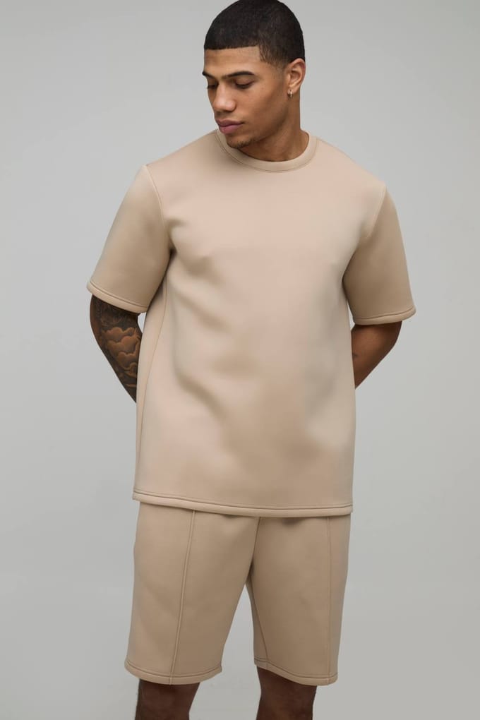Regular Fit Gebonden Scuba T-shirt & Slim Pintuck Short Set | Taupe | Size Medium