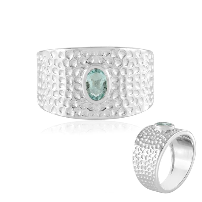 Cavill - 925 Sterling Zilver Ring - 0,321 ct Paraiba Smaragd - Brede Gestructureerde Bezel - Elegant & Uniek
