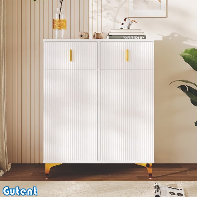 Gutent Schoenenkast - Getextureerd bovenblad - Verstelbare legplanken - Vergulde accenten - Met laden - Wit