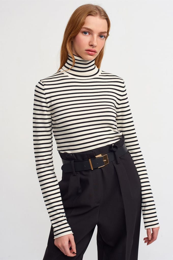 Dames Gestreepte Ribbels Turtleneck Trui