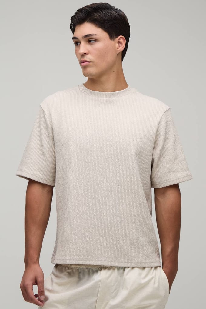 Regular Boxy Geplisseerd Interlock T-shirt | Stone | Size Medium