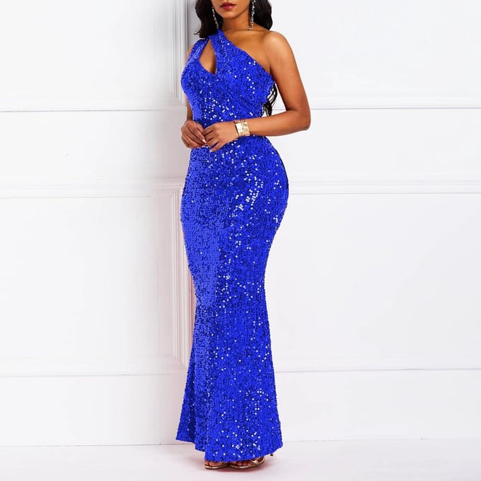 Glitter Zeemeermin Maxi Jurk Mouwloos Schuin Hals Feestjurk Dames