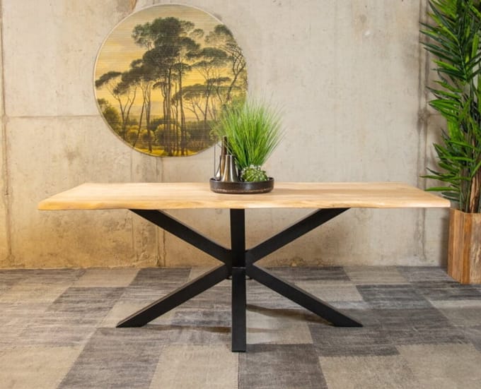 Boomstam eettafel massief acaciahout met spinpoot - 220x100 cm
