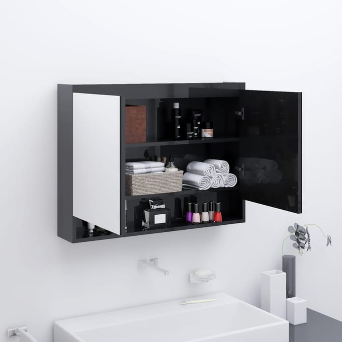 vidaXL - Badkamerkast - met - spiegel - 80x15x60 - cm - MDF - glanzend - zwart