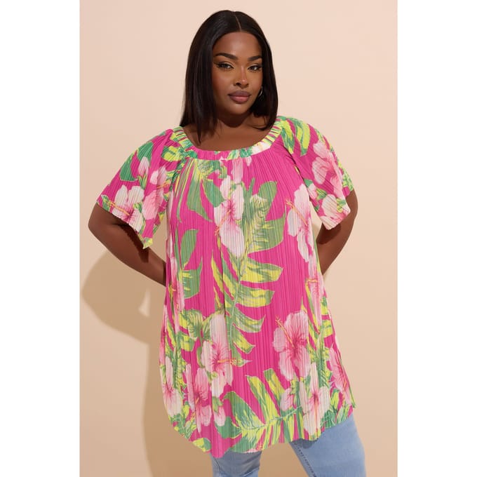 Yours Roze Gebloemde Geplooide Top Van Mesh Size 44