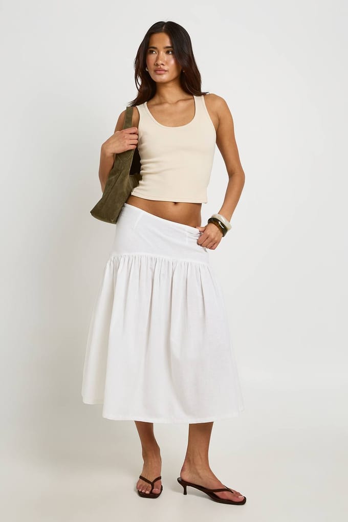 boohoo Dames Linnen-look Midi Rok Met Verlaagde Taille | Wit | Maat: 42