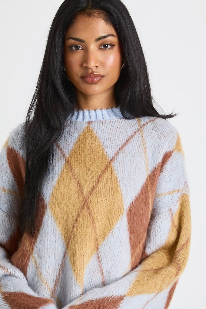 boohoo Dames Super Zachte Argyle Gebreide Trui | Babyblauw | Maat: Medium