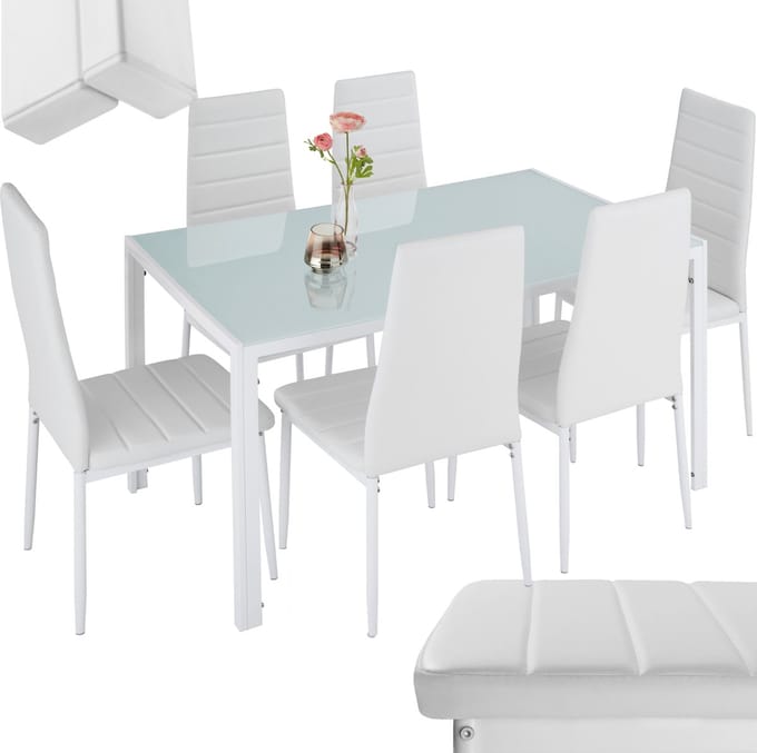 tectake® Eettafel Set met 6 Eetkamerstoelen - 130 x 70 x 75 cm - Eetkamergroep voor 6 Personen - Stoelen van Kunstleer - Robuust Tafelblad van Veiligheidsglas - Wit