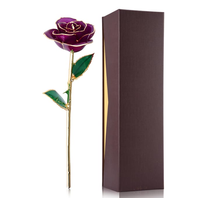 Langstelige Gedipte 24k Gouden Roos in Geschenkdoos met Standaard (Paarse Roos met Standaard) black