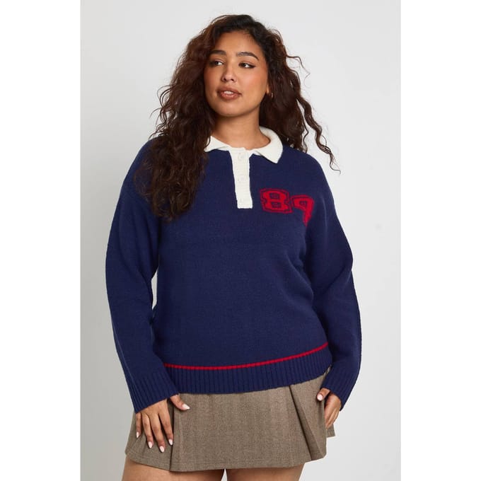 boohoo Dames Plus Polo Knit 84 Trui | Navy | Maat: 20