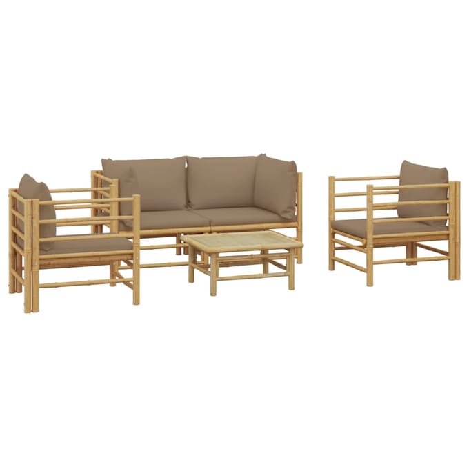 vidaXL - 5-delige - Loungeset - met - kussens - bamboe - taupe