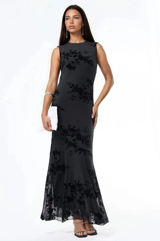 Bloemrijke Flocked Print Tulle Maxi Jurk