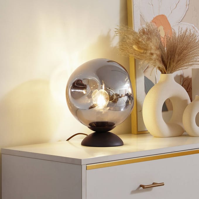 Lindby - Tafellamp - 1licht - Ijzer, glas - H: 30 cm - E27 - rookgrijs, koffie