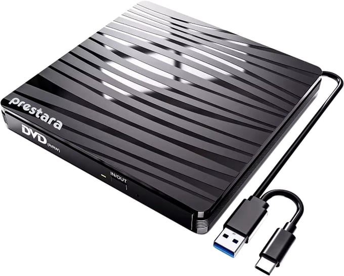 Prestara - Externe CD DVD Speler en Brander – Compact, Plug & Play, USB-C & USB 3.0 – Geschikt voor Windows - Mac - Linux