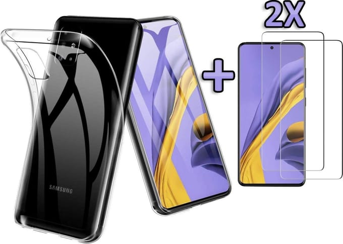 HB Hoesje Geschikt voor Samsung Galaxy A51 - Siliconen Back Cover + 2X Glazen Screenprotector - Transparant