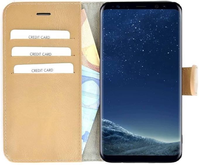 Pearlycase Camelbruin Effen Wallet Bookcase Echt Leren Samsung Galaxy S8 Hoesje(met de handgemaakt)