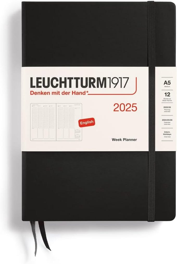 Weekplanner 2025 Medium A5 Hardcover - 12 Maanden Kalender Gelinieerd Zwart
