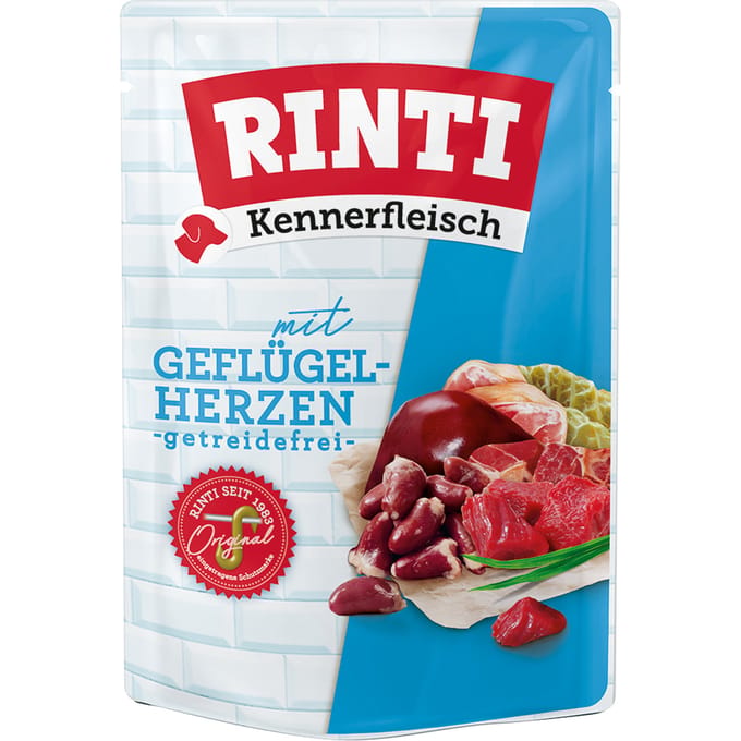 10x400g RINTI Kennerfleisch Pouches Gevogeltehart honden natvoer