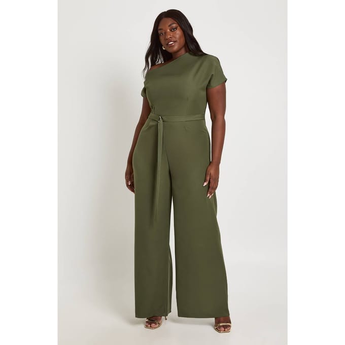 boohoo Dames Plus Asymmetrische Jumpsuit Met Riem | Khaki | Maat: 20