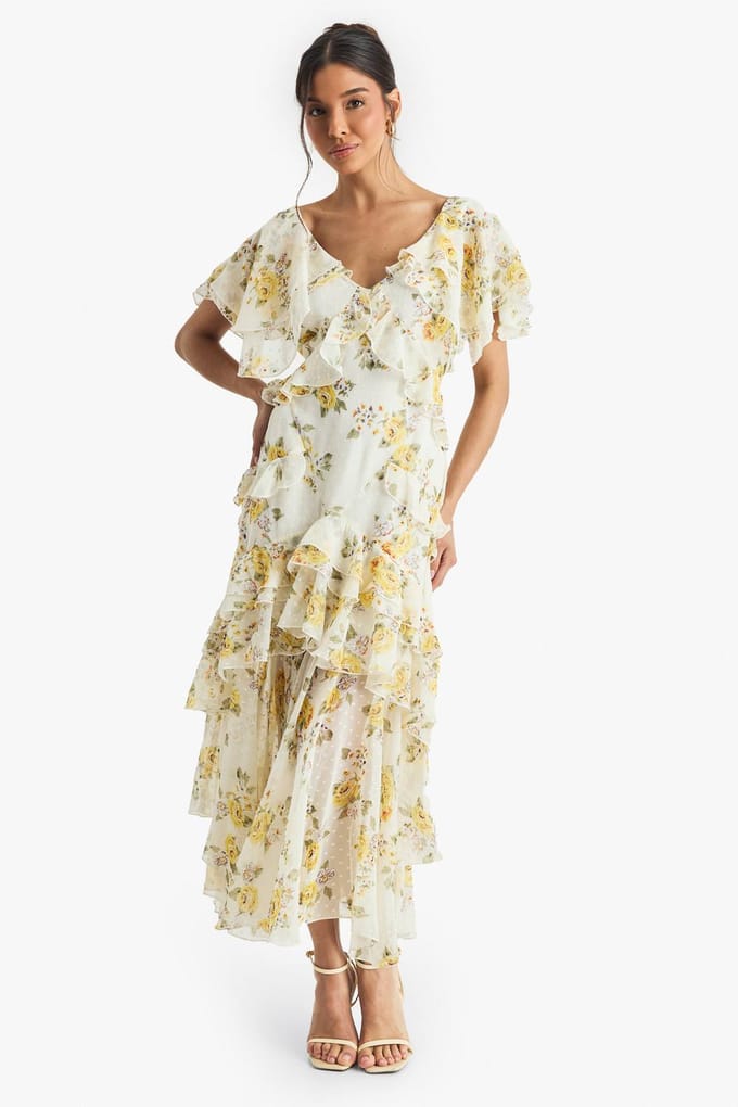 boohoo Dames Bloemen Ruffle Midi Jurk | Ivoor | Maat: 36