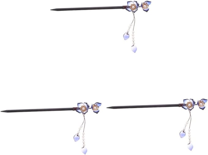 Set van 3 Houten Haarspelden met Bloemdecoratie - Chinese Stijl