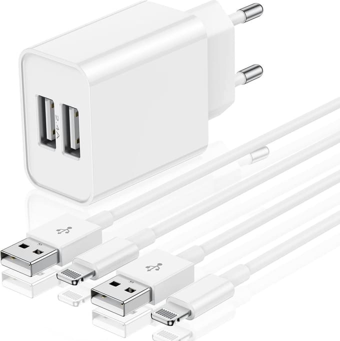 Dubbele usb Lader geschikt voor iPhone 14 /13 / 12 / 11 / X / SE / iPad 2017 / 2018 / 2019 / 2020 / AirPods - Lightning naar usb-A Kabel - 1 Meter