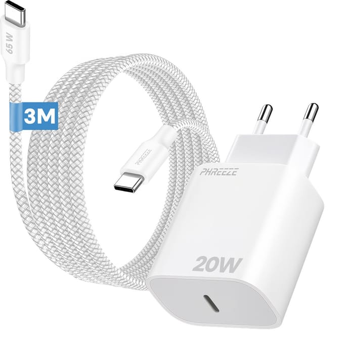 20w oplader met usb C poort met usb C kabel 3 meter gevlochten wit - Usb C naar usb C - Snellader