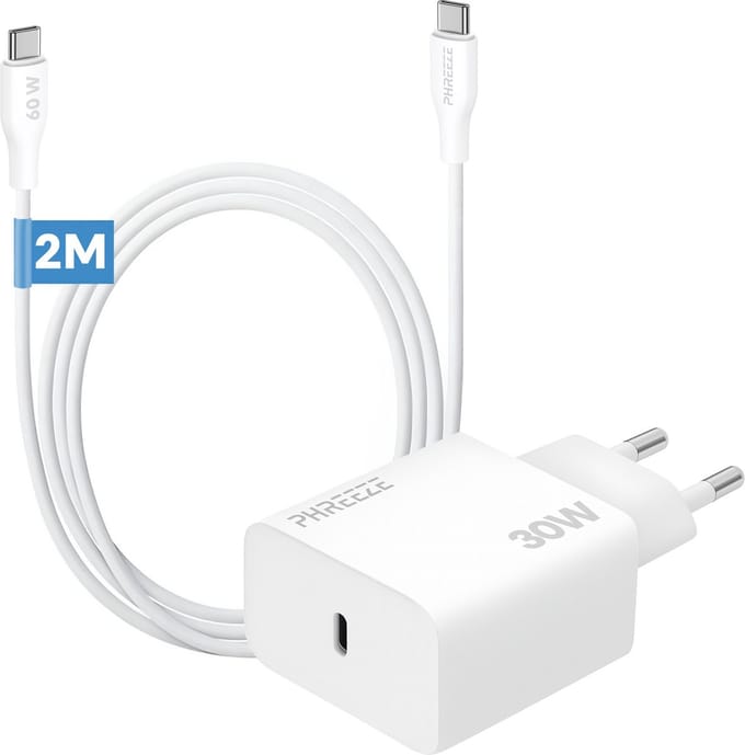 Phreeze 30W usb C adapter set - Oplader met usb C naar usb C kabel 2 meter - Wit