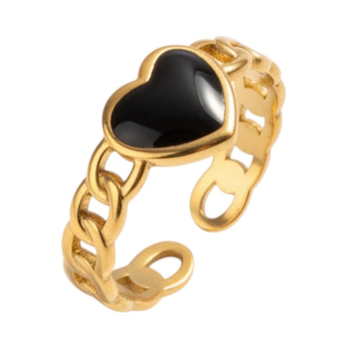 Rvs sieraden - Verstelbare RVS ring met emaille hartje - Zwart