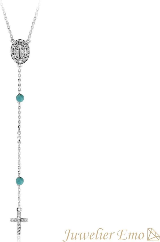 Juwelier Emo - Rozenkrans ketting Zilver met Turquoise stenen - Kruis hanger - 50 cm