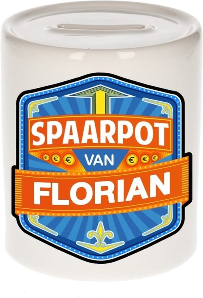 Bellatio Decorations Kinder spaarpot met naam - Florian - keramiek - met dop - wit - Sparen - Spaargeld van Florian