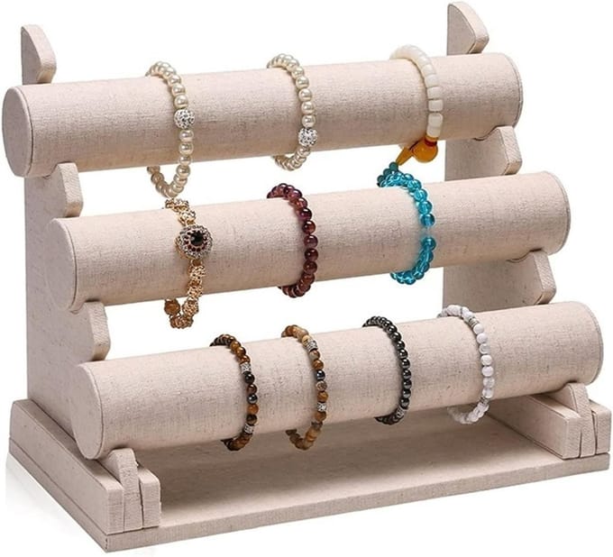 Sieradenstandaard - Armband Houder - Sieraden Opslag - Drie Tier Display - 32cm Hoog - Beige