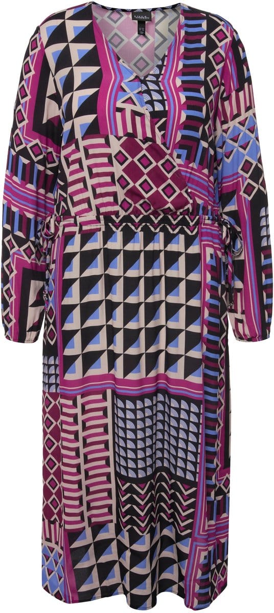 Ulla Popken - Dames - Midi-jurk patchprint wikkel-look V-hals lange mouw - Pruim - Maat 46+
