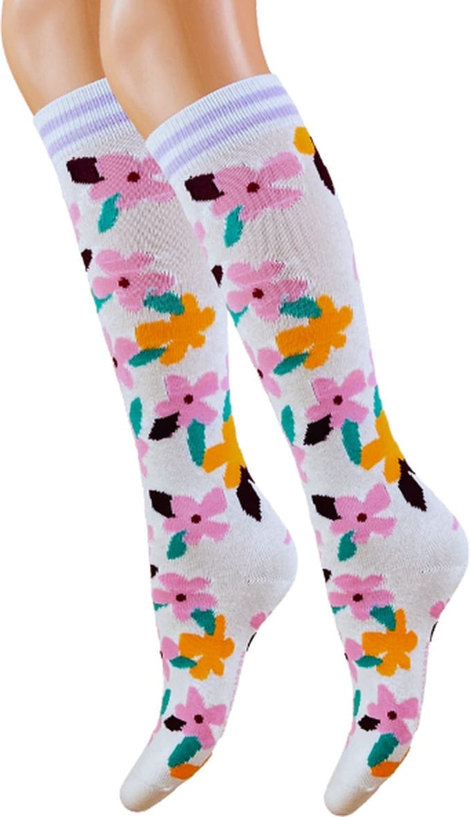 Meisjes Kniekous - Bloemen - Wit - Maat 27-30