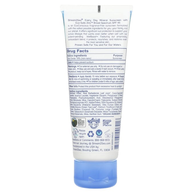 Stream2Sea, Everyday Mineral Sunscreen, Active, SPF 45, 2.5 fl oz (75 ml) white