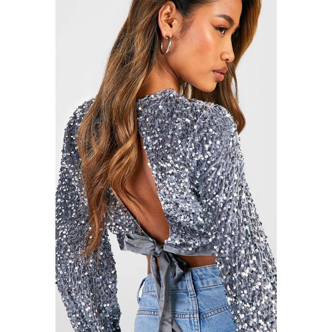boohoo Dames Crop Top met Pailletten en Achterstrik | Silver | Maat: 16