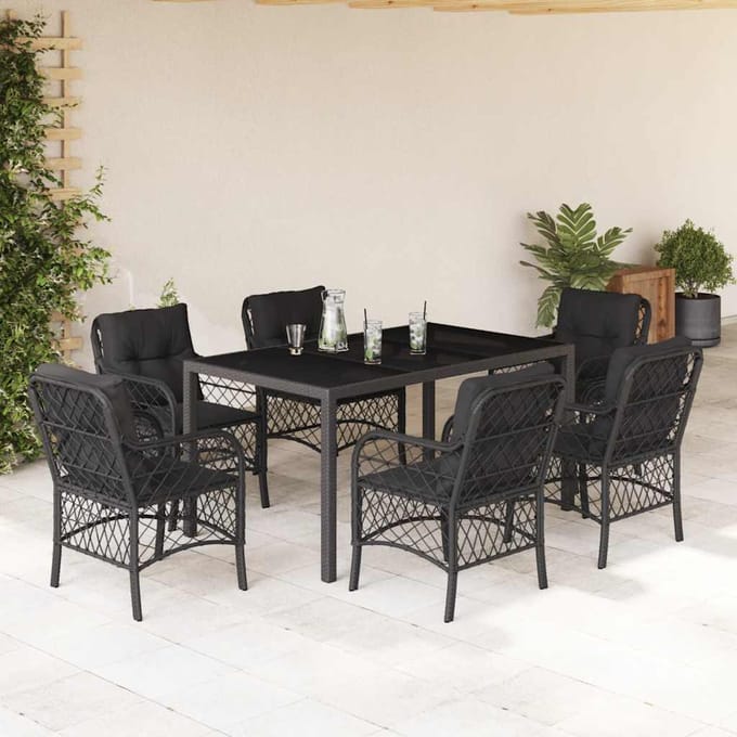vidaXL - 7-delige - Tuinset - met - kussens - poly - rattan - zwart