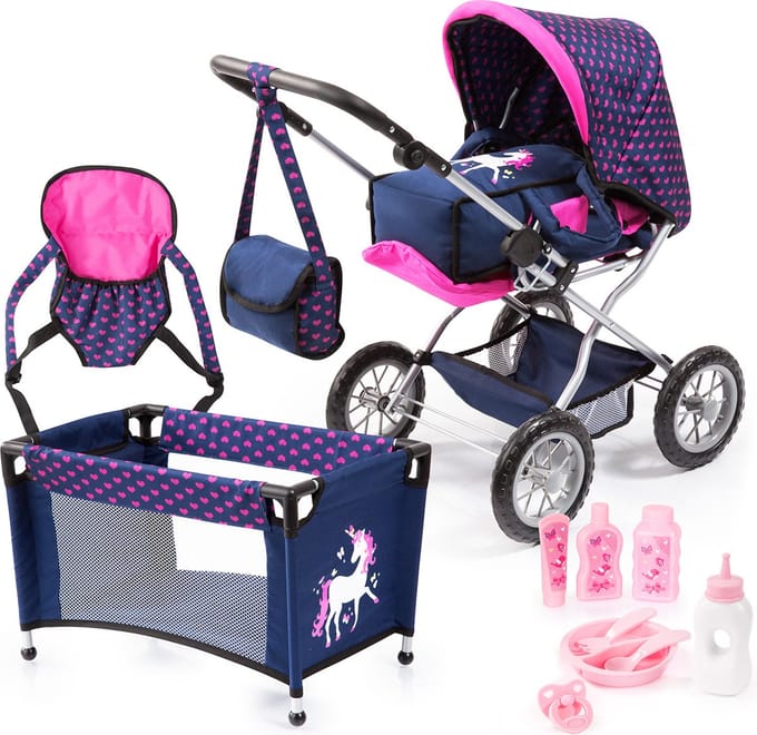 Bayer Design - Combi Poppenwagen Grande Mega Set - Blauw met eenhoorn