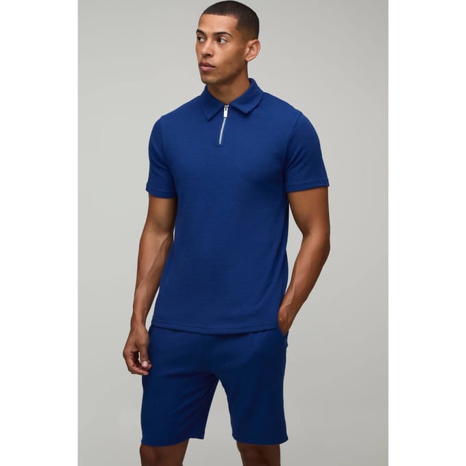 Slim Fit Waffle Zip Neck Polo & Shorts Set | Navy | Size Medium