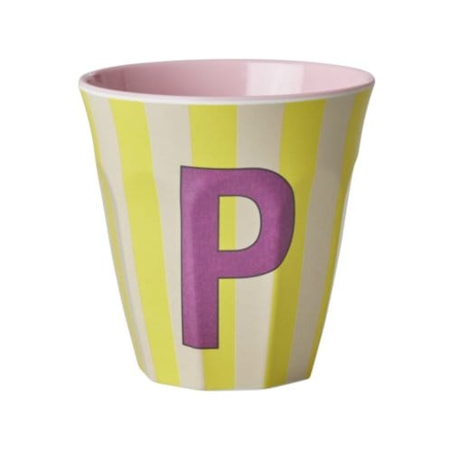 Rice melamine beker medium gestreept letter p, geel