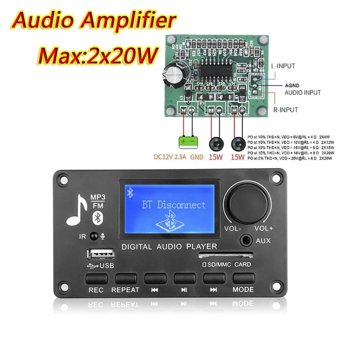 12V LCD MP3-decoder DAC Bluetooth V5.0 Audio-ontvanger APE FLAC WMA WAV-decoder Ondersteuning Opname Radio Songteksten Display met versterkerbord
