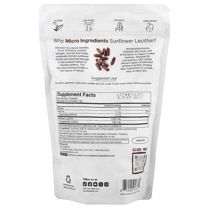 Micro Ingredients, Zonnebloemlecithine, 300 Softgels