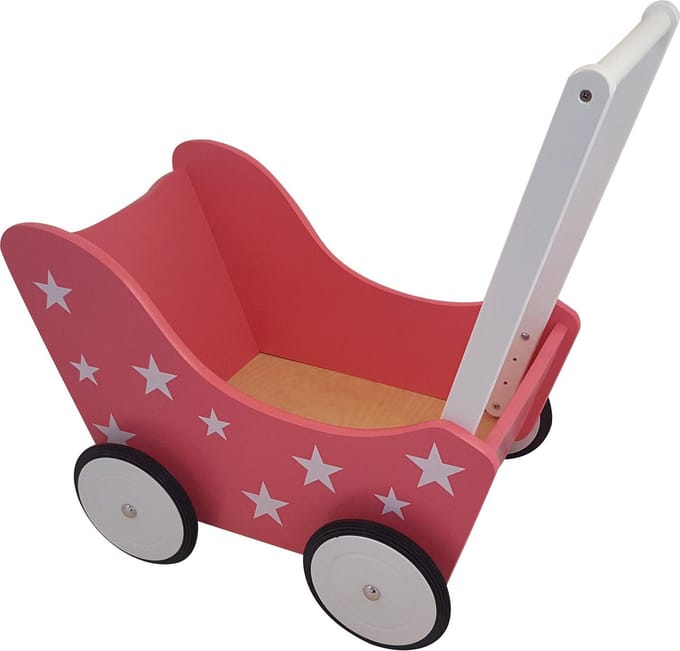 Playwood - Houten Poppenwagen roze met witte sterren