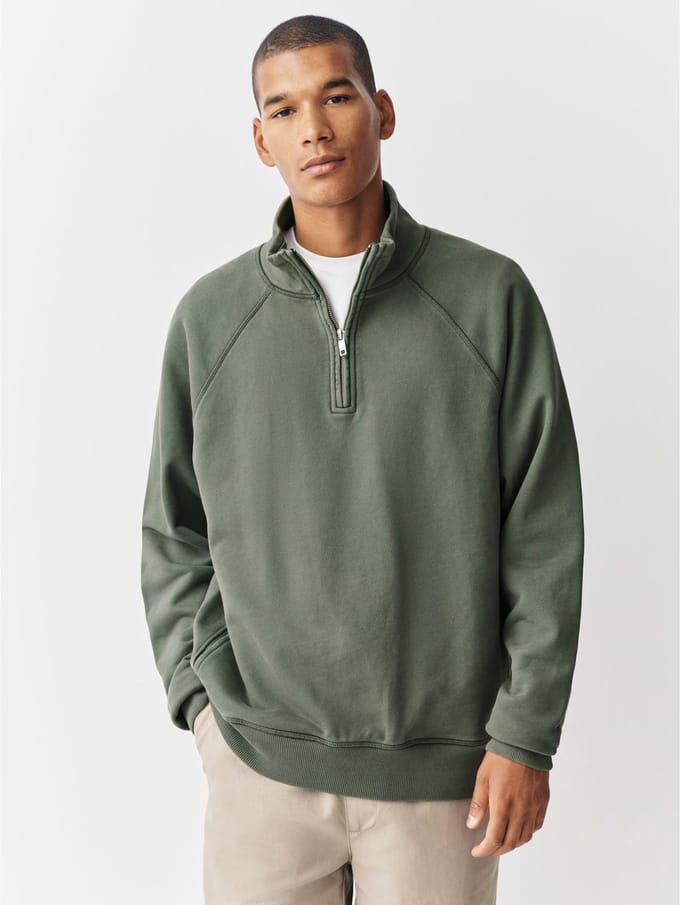 Next - Heren - Sweatshirt van zware stof met wassing en korte rits - Groen