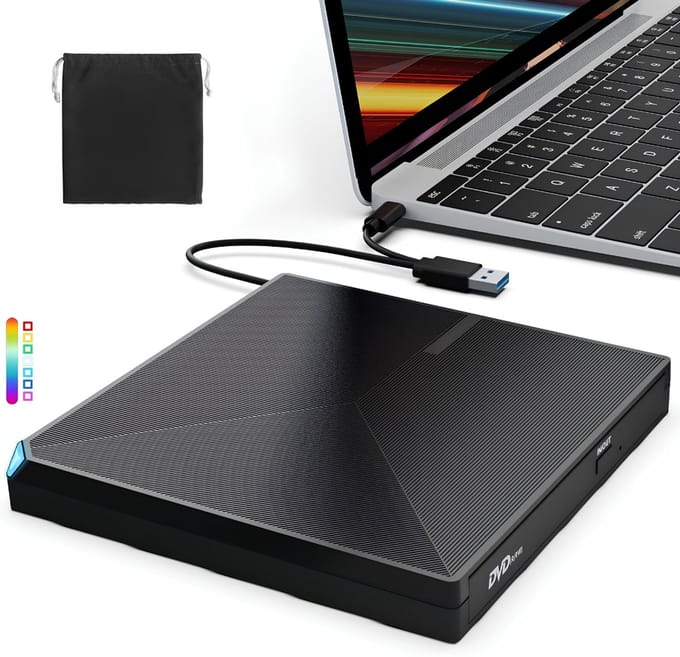 KAD® DVD Speler - USB 3.0 en Type-C - DVD Speler Laptop - DVD Brander - Zwart - 15cm x 15cm x 2cm